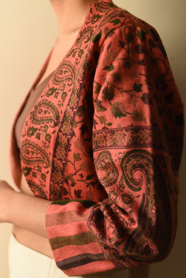buy Handwoven Peach Jamavar Woolen Jacket