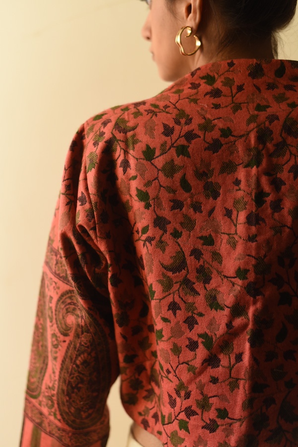 buy Handwoven Peach Jamavar Woolen Jacket