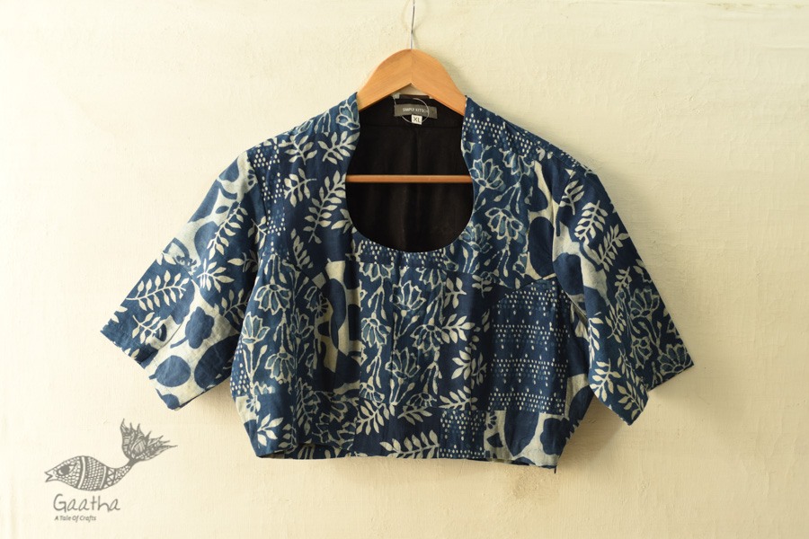 Dabu Block Printed Indigo Cotton Blouse - Stitched