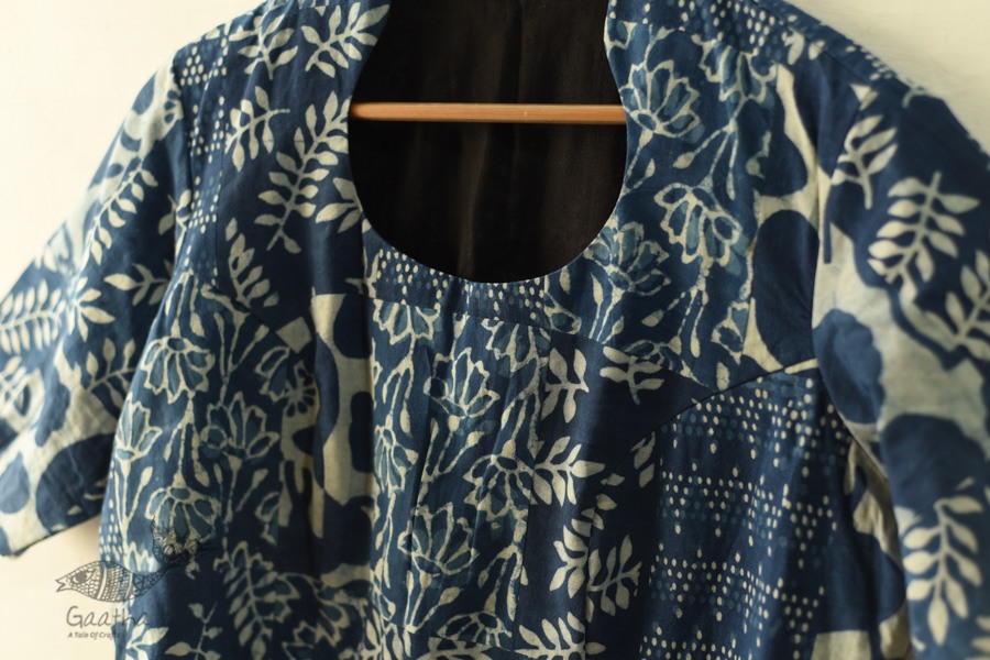 Dabu Block Printed Indigo Cotton Blouse - Stitched