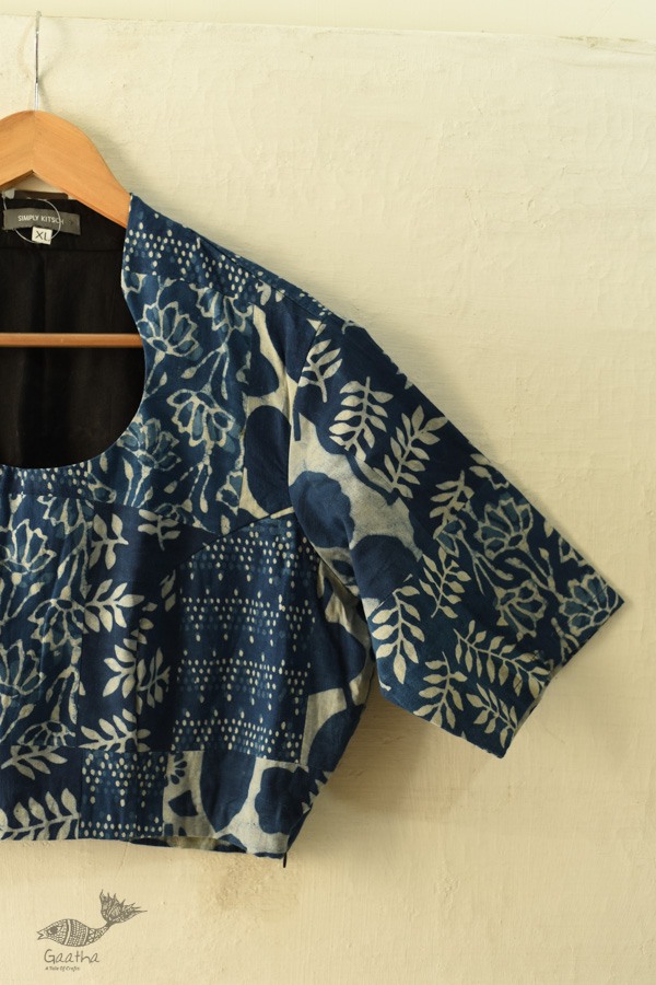 Dabu Block Printed Indigo Cotton Blouse - Stitched