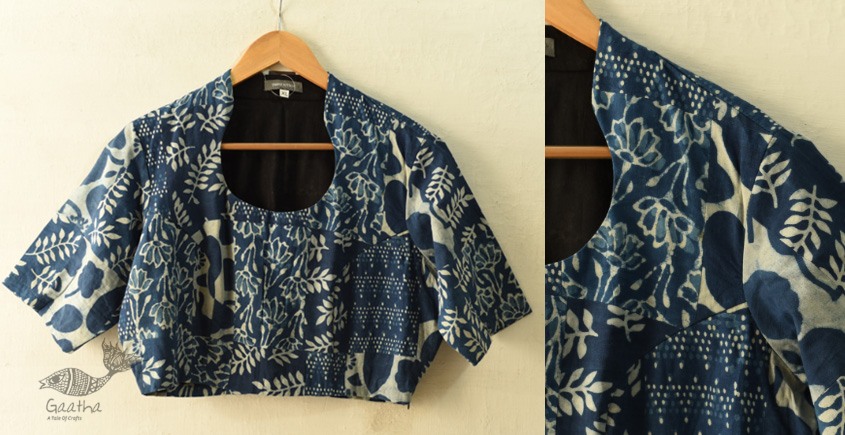 Dabu Block Printed Indigo Cotton Blouse - Stitched