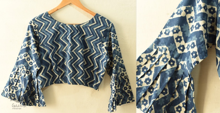 Dabu Block Printed Stitched Cotton Blouse - Indigo