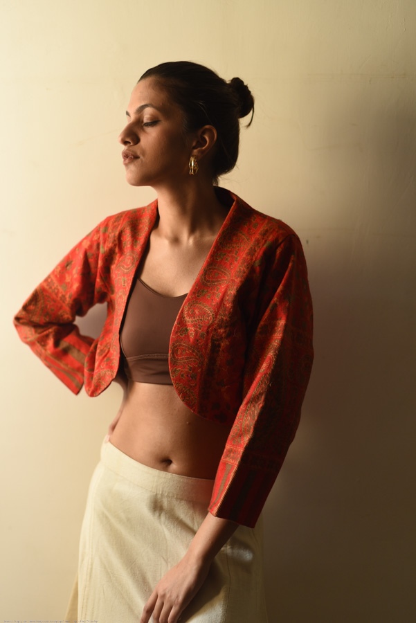 shop Handloom Woolen Jamavar crop Jacket