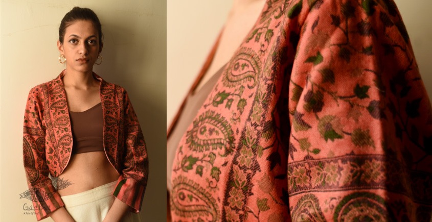 buy Handwoven Peach Jamavar Woolen Jacket