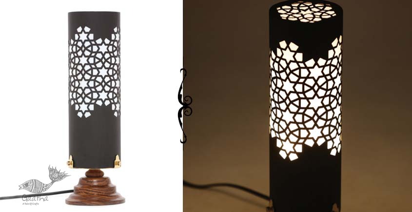 brass and wood table lamp