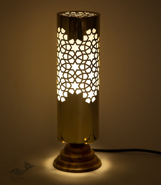 brass and wood table lamp