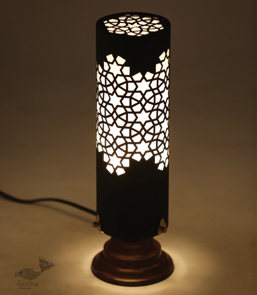 brass and wood table lamp