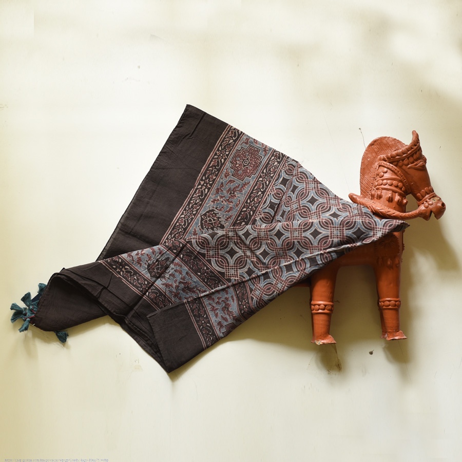 shop Hand Block Printed - Ajrakh Cotton Scarf 
