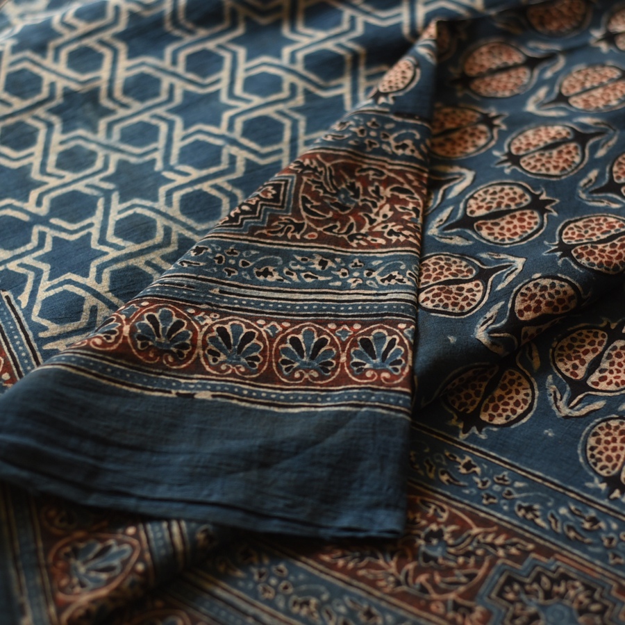 Online  Ajrakh Block Print - Mulmul Cotton Saree