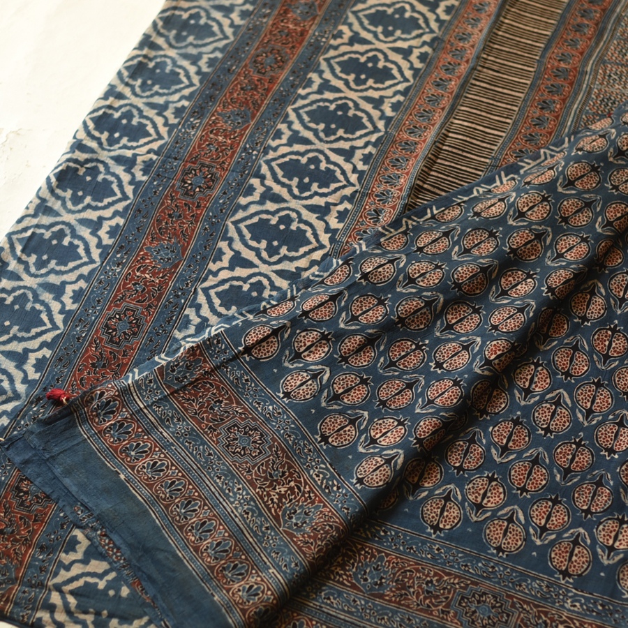 Online  Ajrakh Block Print - Mulmul Cotton Saree