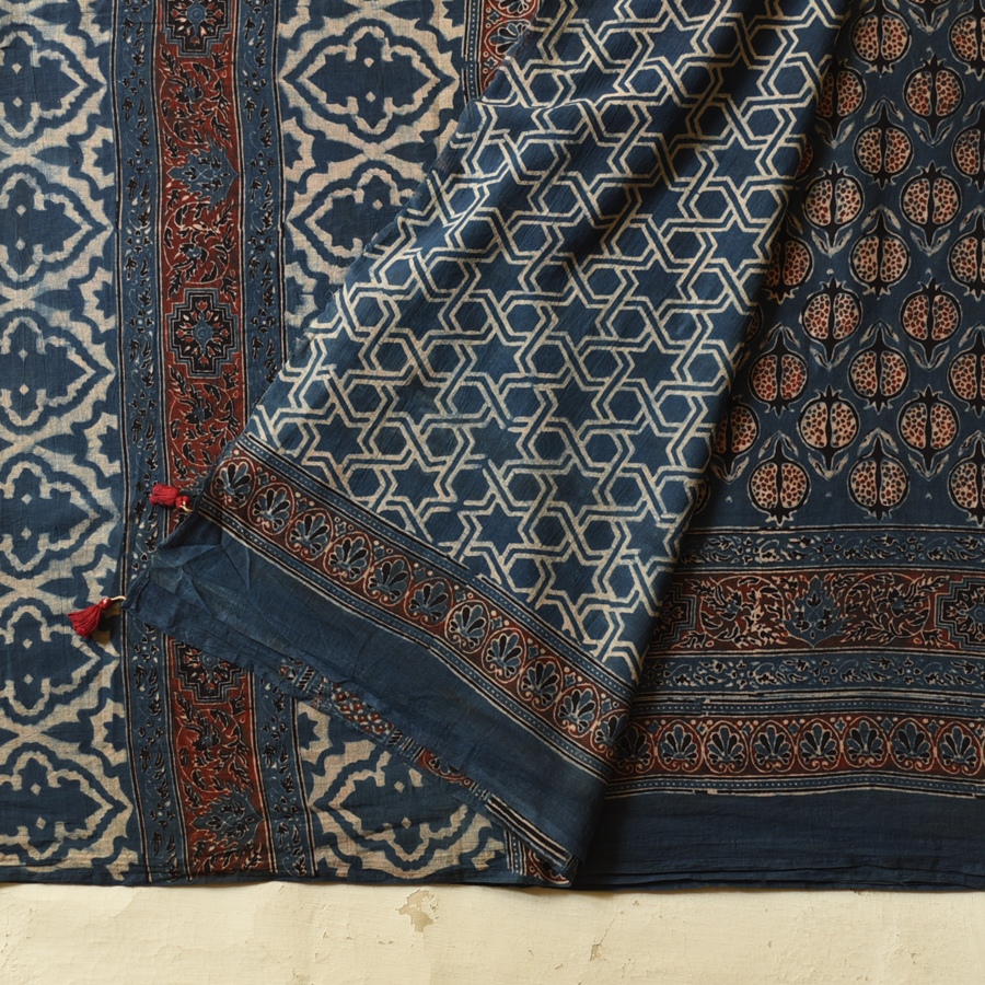 Online  Ajrakh Block Print - Mulmul Cotton Saree