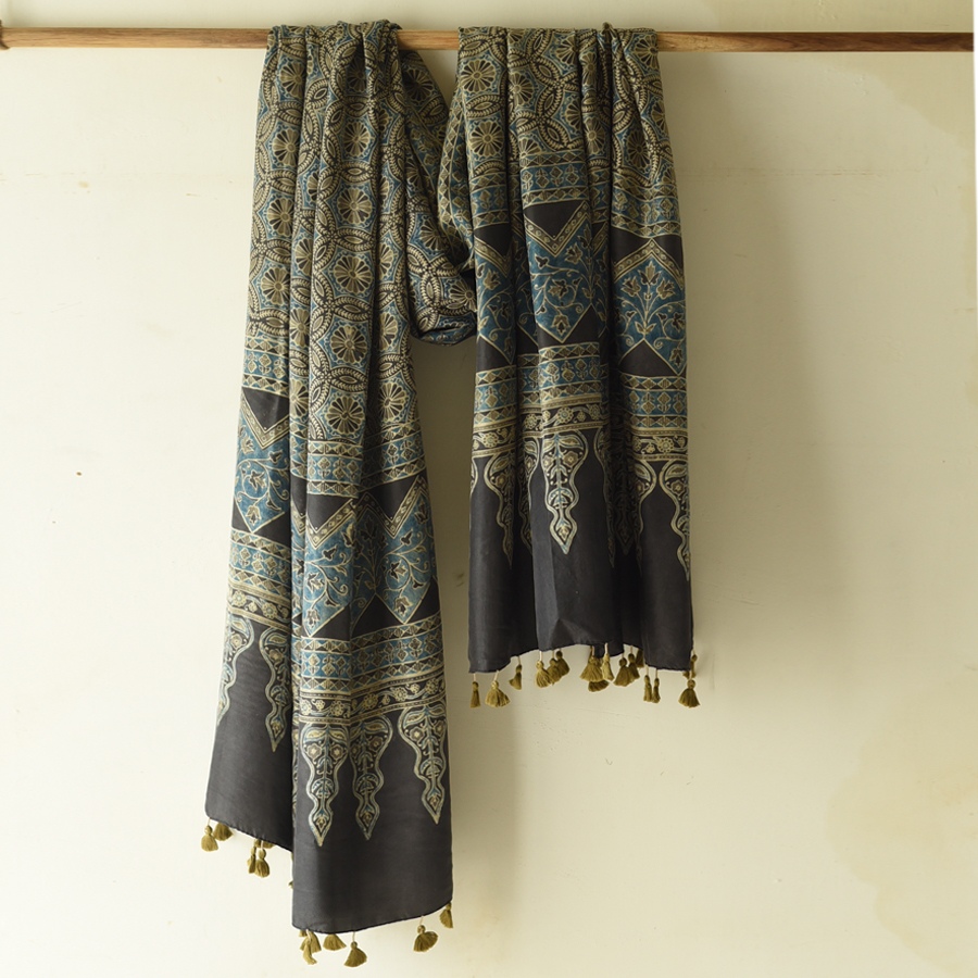 buy Ajrakh Mulberry Silk Dupatta - A