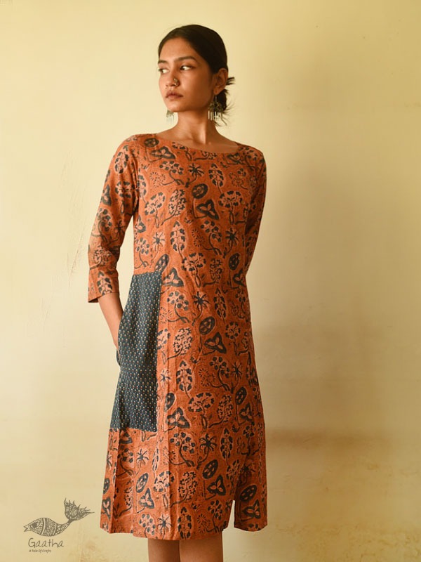 shop Ajrakh hand Block Printed Cotton brown Dress