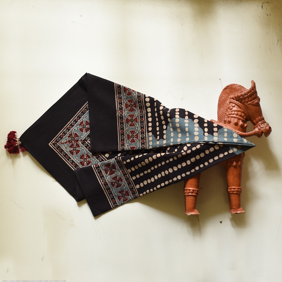 shop Hand Block Printed - Square Ajrakh Cotton Black Scarf