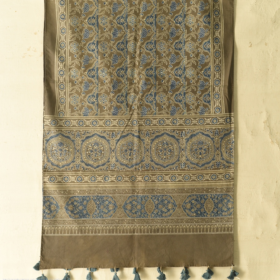 shop Ajrakh Printed - Greenish Grey Cotton Stole