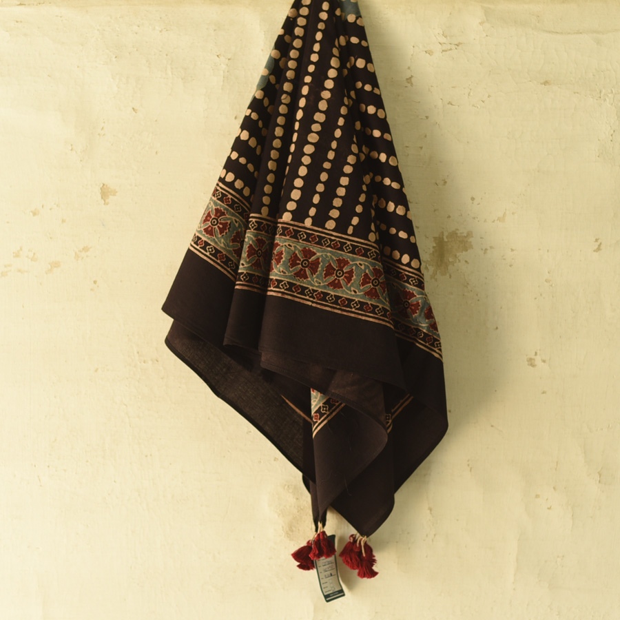 shop Hand Block Printed - Square Ajrakh Cotton Black Scarf