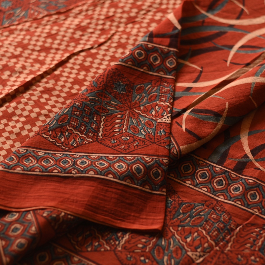 Online  Ajrakh Block Print - Mul Cotton Saree