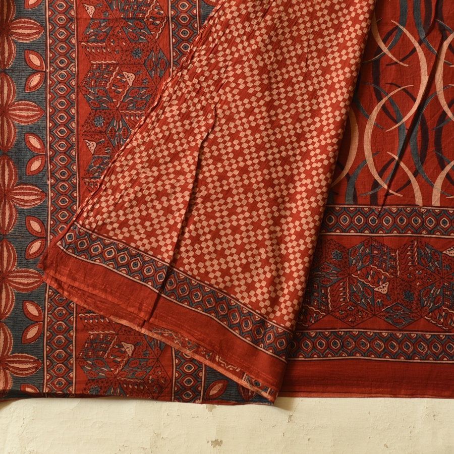 Online  Ajrakh Block Print - Mul Cotton Saree