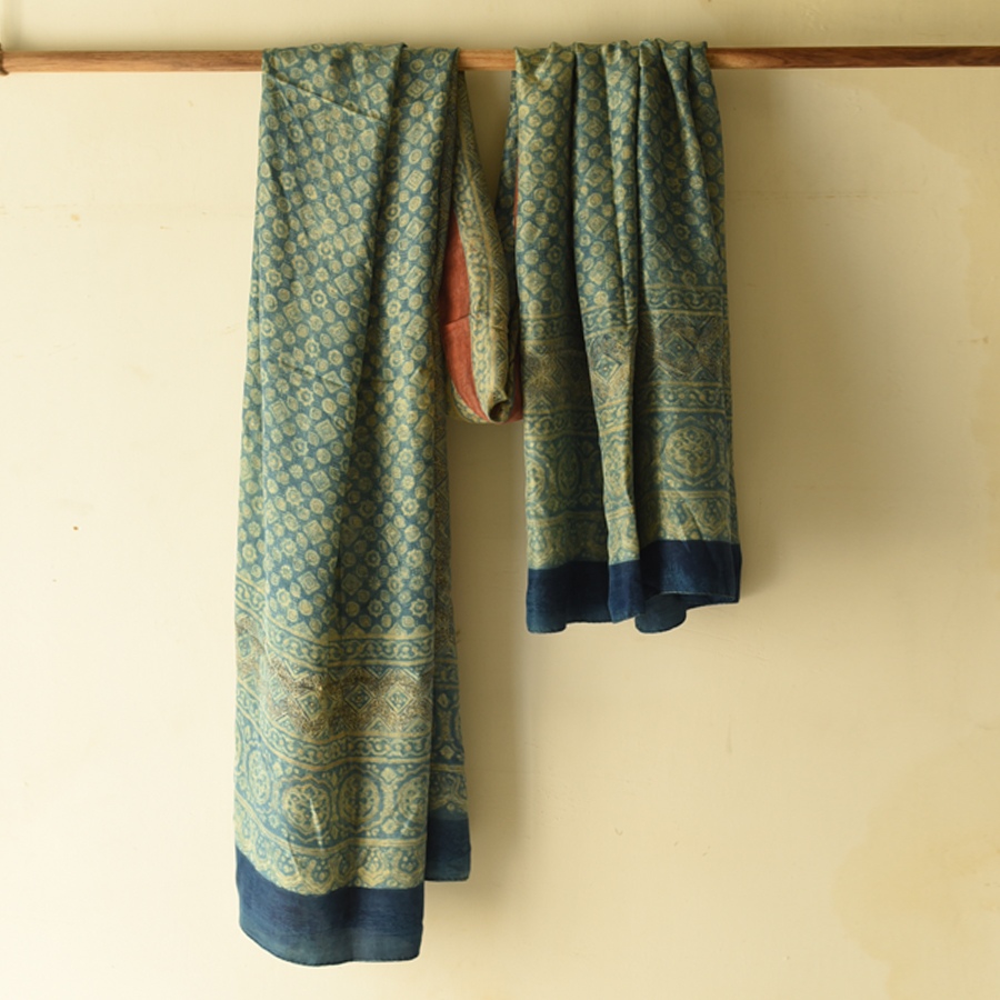 buy Ajrakh Mulberry Silk Dupatta - Natural dyed - B