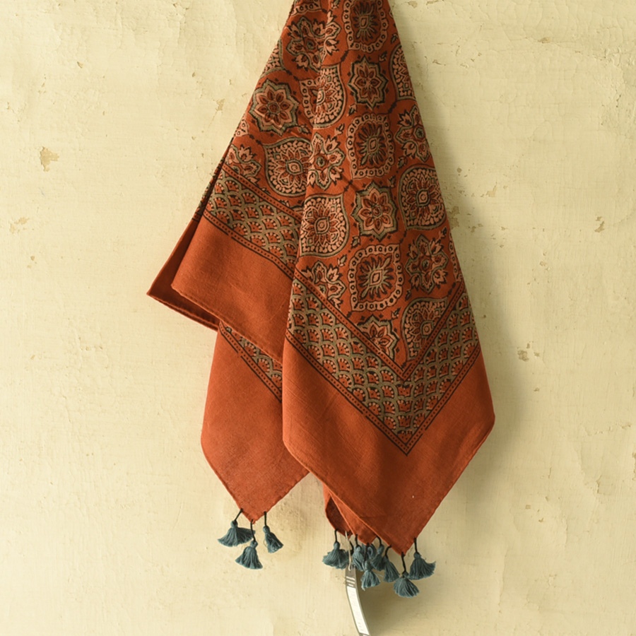 shop Hand Block Printed - Square Ajrakh Cotton Brown Scarf