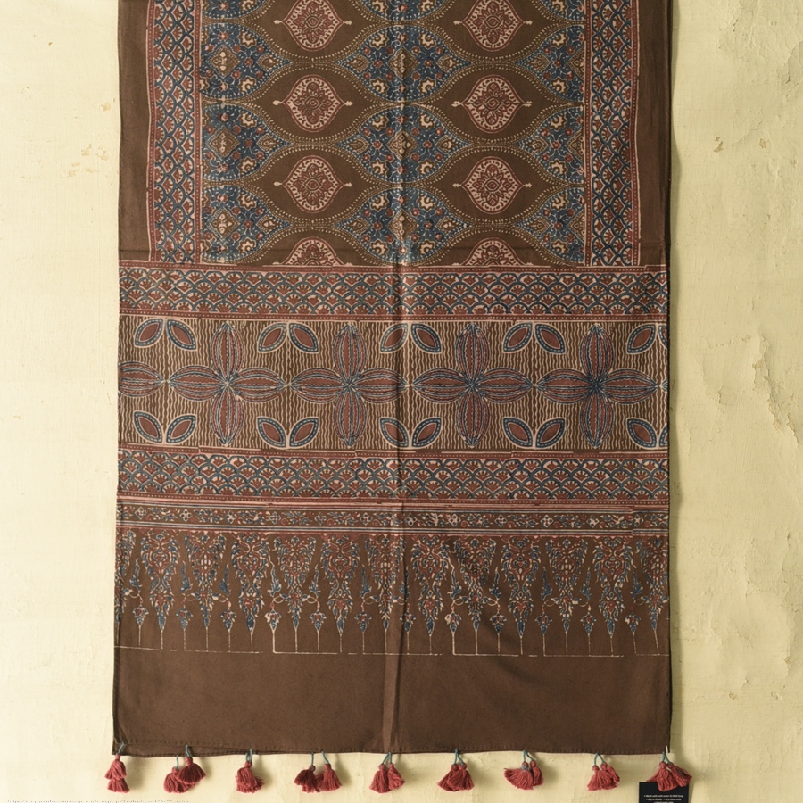 shop Hand Block Printed - Ajrakh Cotton Brown Stole
