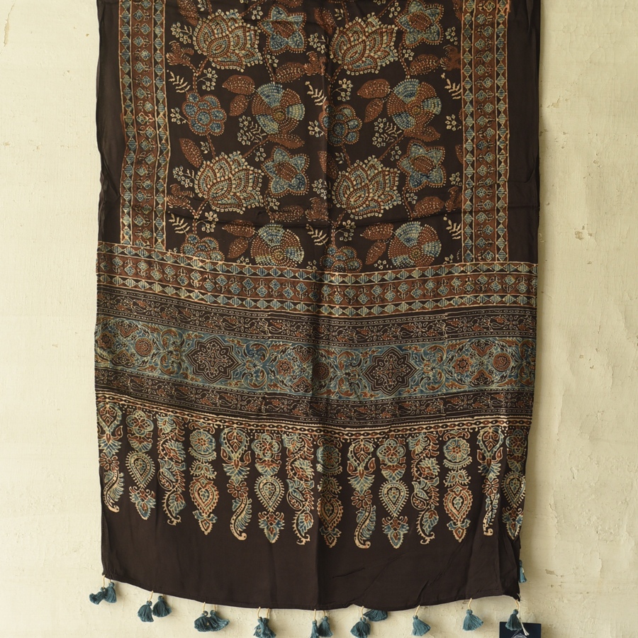 Natural Dyed Ajrakh - Modal Silk Black Stole With Flower Motif