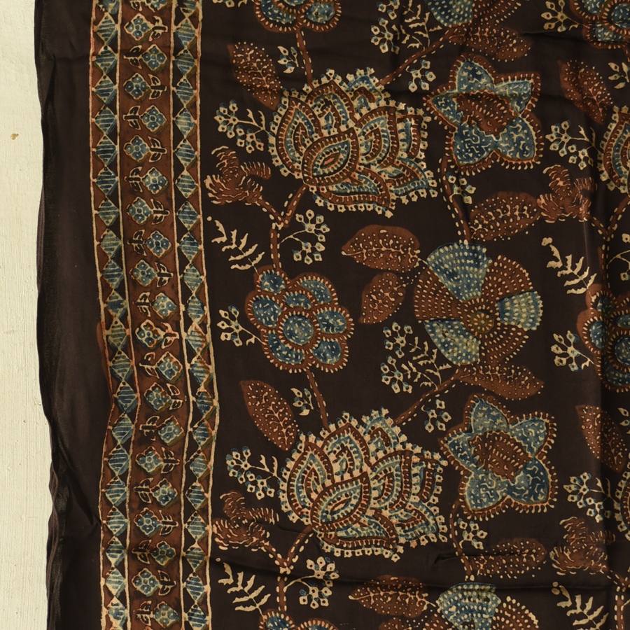 Natural Dyed Ajrakh - Modal Silk Black Stole With Flower Motif
