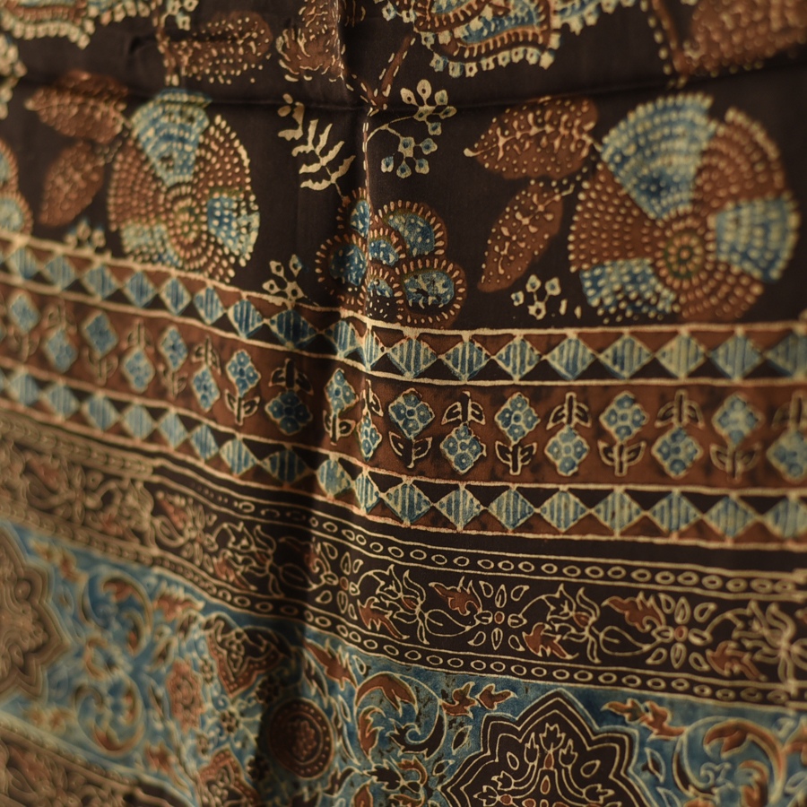 Natural Dyed Ajrakh - Modal Silk Black Stole With Flower Motif