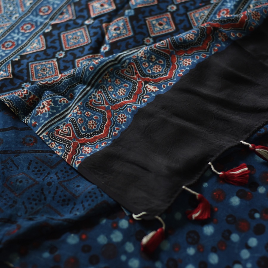 Shop modal silk ajrakh Saree - Blue