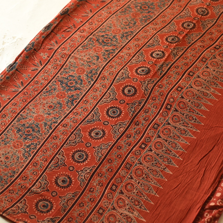 Online Ajrakh Printed Mul Cotton Saree in Red Color