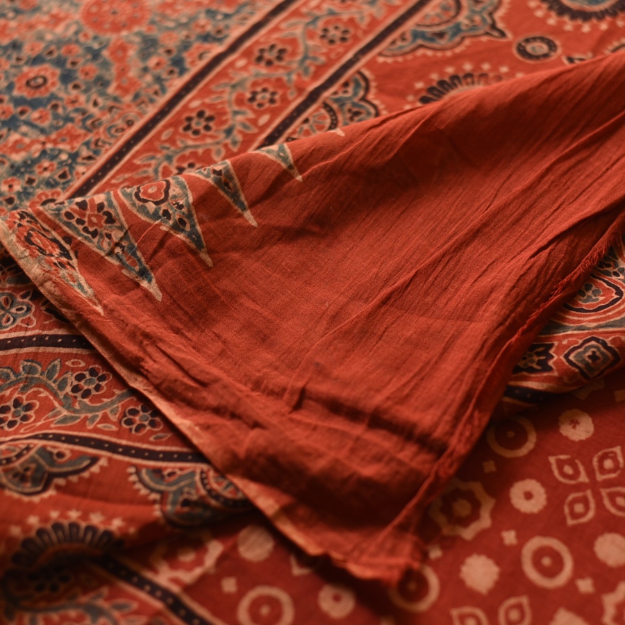 Online Ajrakh Printed Mul Cotton Saree in Red Color