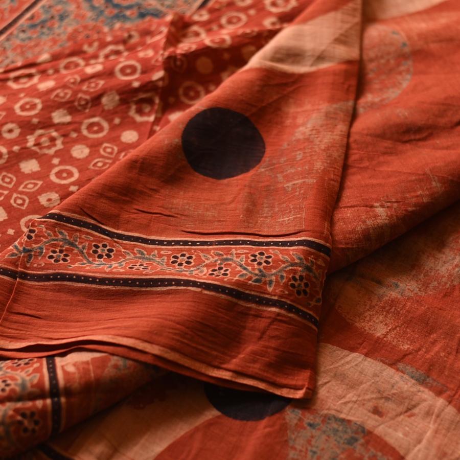 Online Ajrakh Printed Mul Cotton Saree in Red Color