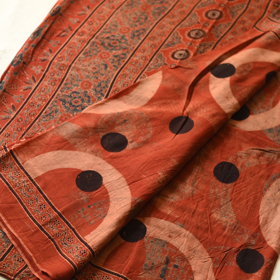 Online Ajrakh Printed Mul Cotton Saree in Red Color