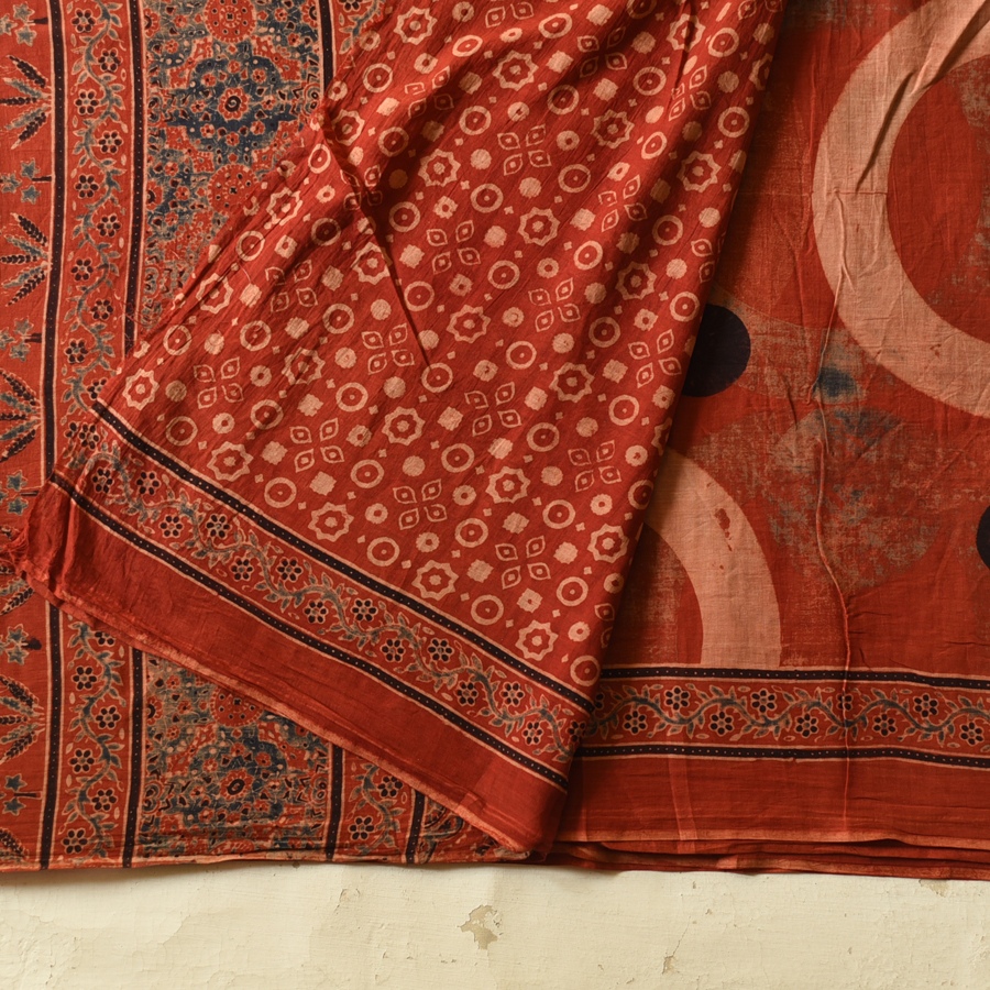 Online Ajrakh Printed Mul Cotton Saree in Red Color