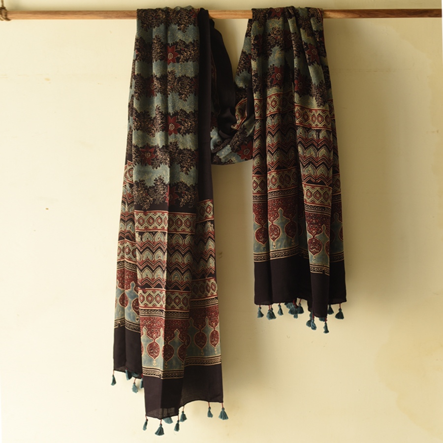 buy Ajrakh Mulberry Silk Dupatta - Natural dyed - C