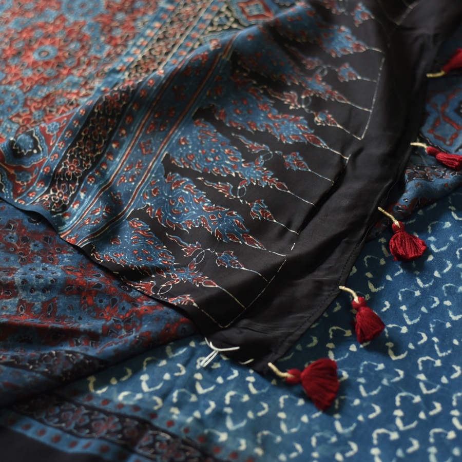 Shop Ajrakh Block Printed Modal Silk Saree