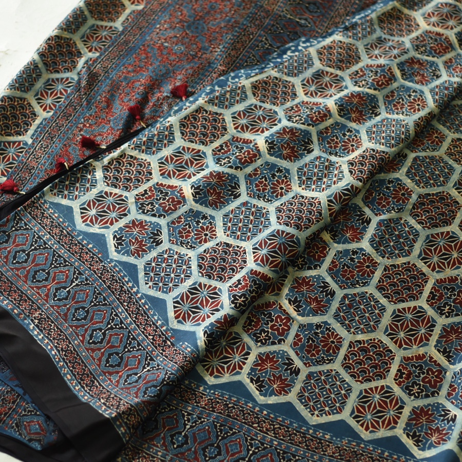 Shop Ajrakh Block Printed Modal Silk Saree