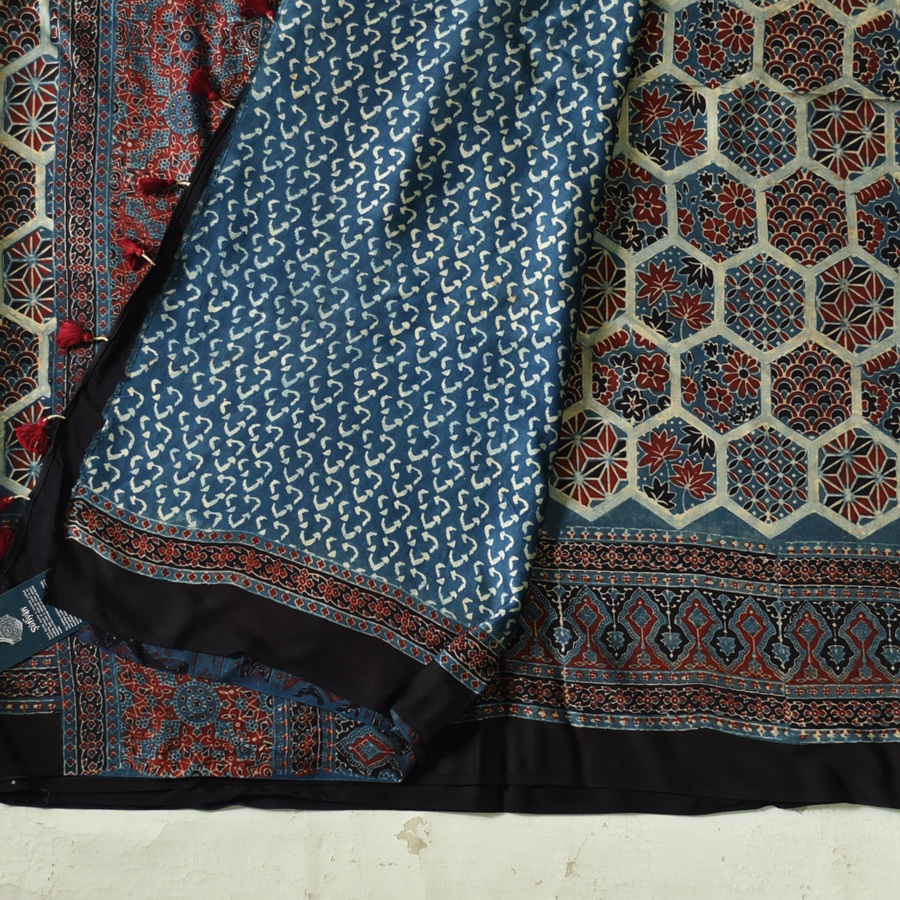 Shop Ajrakh Block Printed Modal Silk Saree