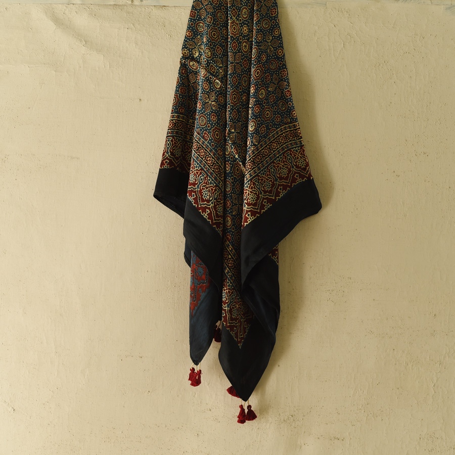 shop Ajrakh Block Printed - Square Modal Silk Scarf - D