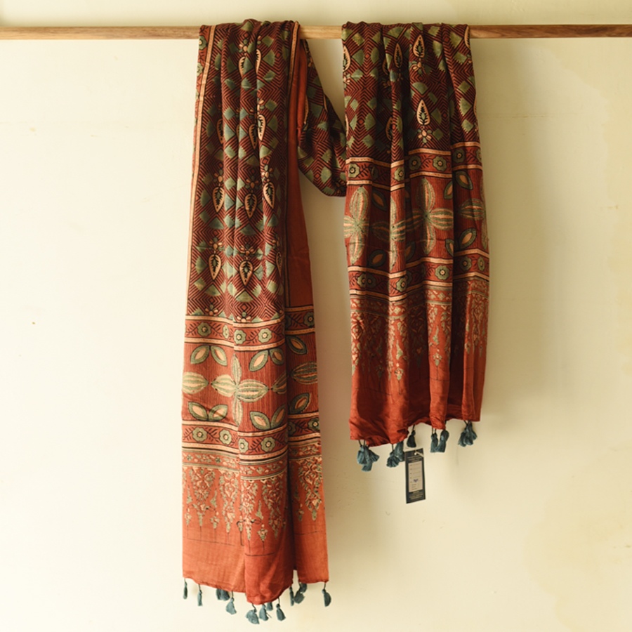 buy Ajrakh Mulberry Silk Dupatta - Natural dyed - D