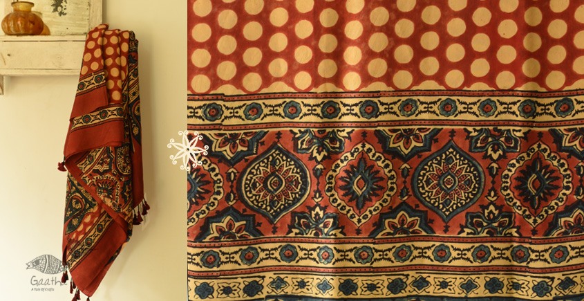 buy Ajrakh Printed Mulberry Silk Red Doted Dupatta