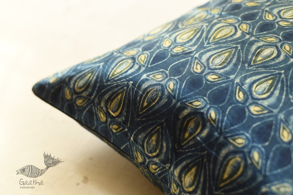 shop Ajrakh Block Printed Indigo Cushion Cover - Mashru