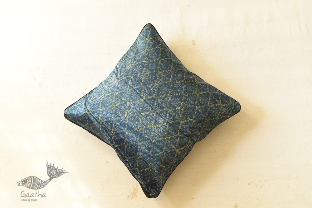 shop Ajrakh Block Printed Indigo Cushion Cover - Mashru