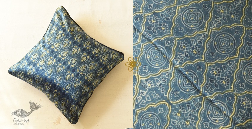 shop Ajrakh Block Printed Indigo Cushion Cover - Mashru