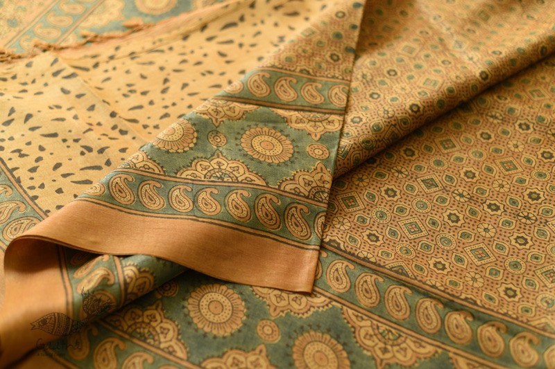 shop handmade ajrakh printed Tussar Silk saree