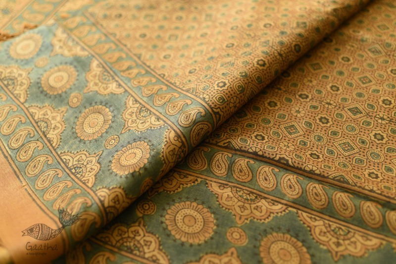 shop handmade ajrakh printed Tussar Silk saree