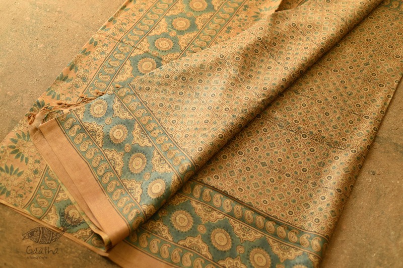 shop handmade ajrakh printed Tussar Silk saree