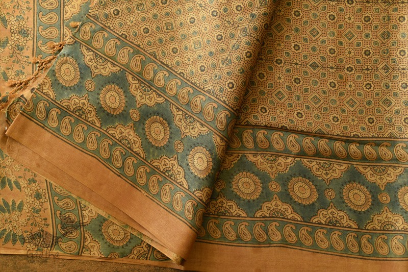 shop handmade ajrakh printed Tussar Silk saree