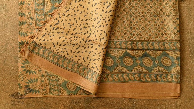 shop handmade ajrakh printed Tussar Silk saree
